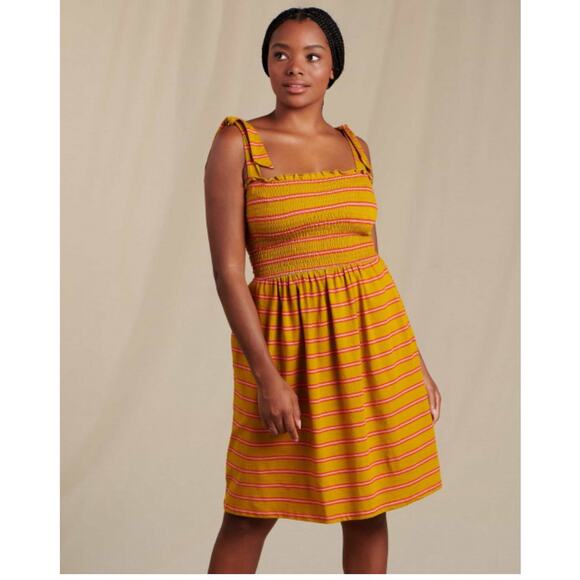 Toad & Co. Gemina Smocked Dress, Retro Stripe Women’s S, Organic/Tencel Outdoors - Picture 1 of 12